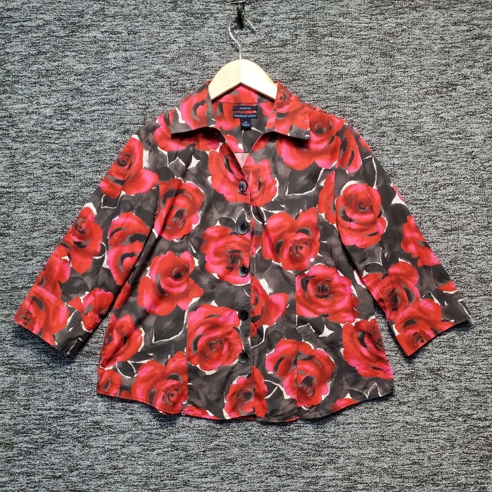 Westbound Petites Button Up Shirt Womens 14P Red Floral Wrinkle Free Blouse‎
